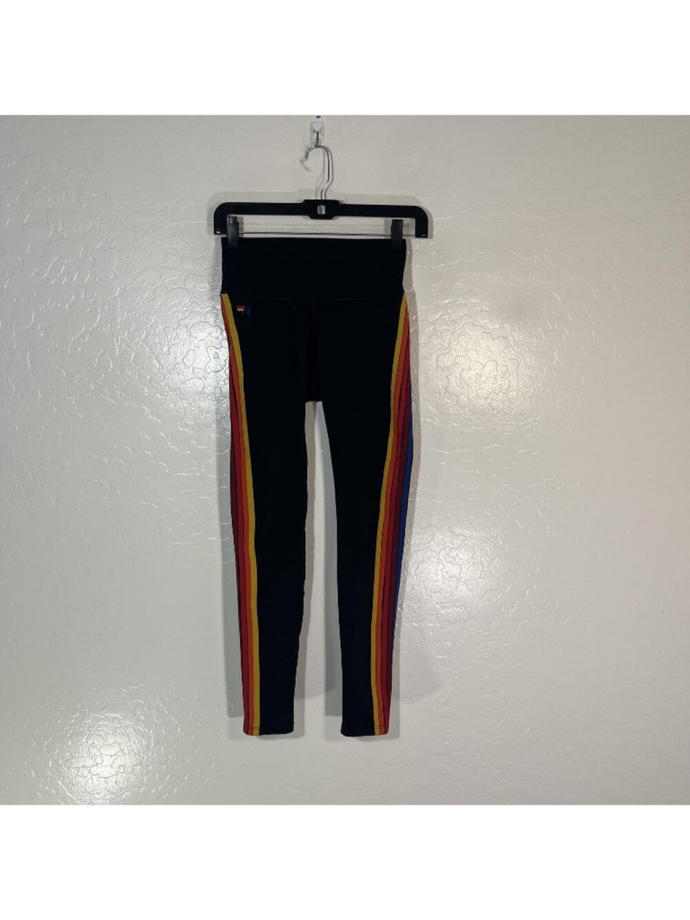 Aviator Nation Leggings Womens S Black High Rise Ankle Rainbow Stripe Yoga Pants